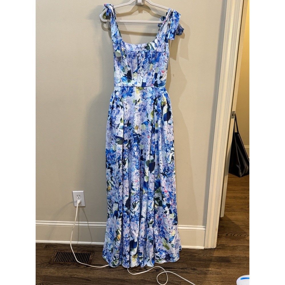 Floral Blue Maxi Dress with Tie Straps - Picture 5 of 15